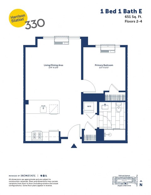 Floor plan for 1 bed, 1 bath, 651 sqft